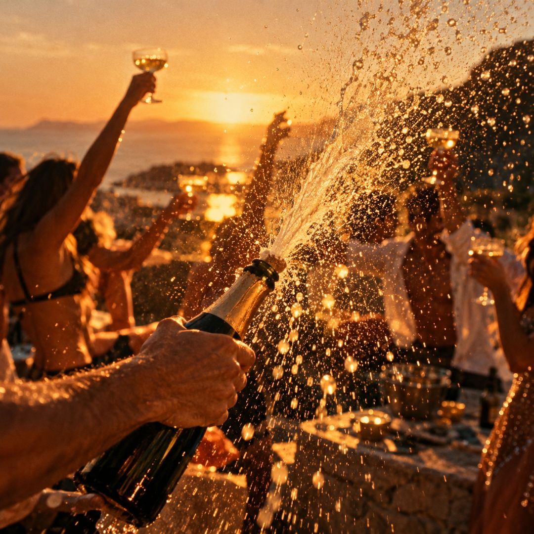 Champagne spraying at golden hour