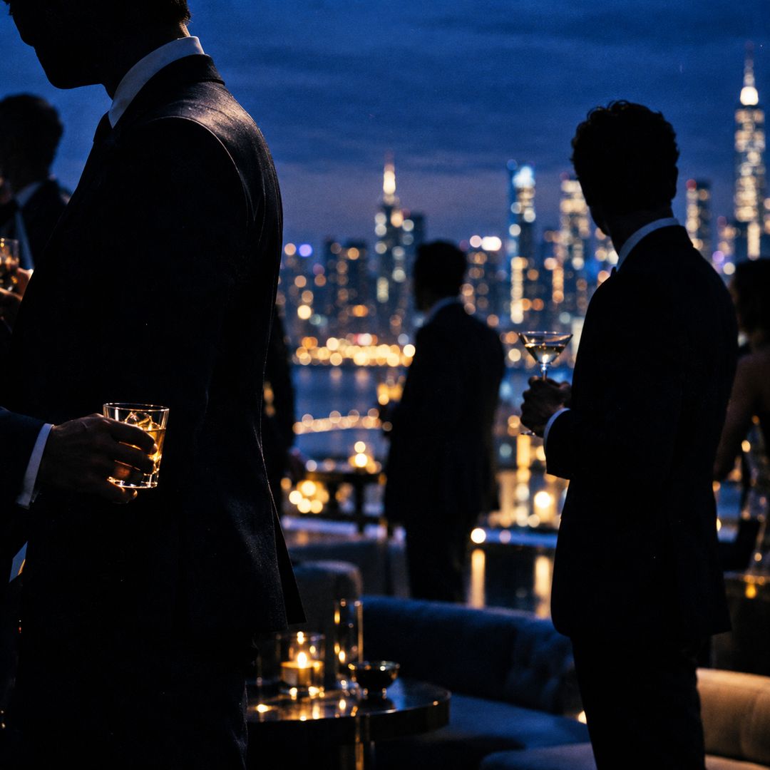 Suits on a rooftop at blue hour
