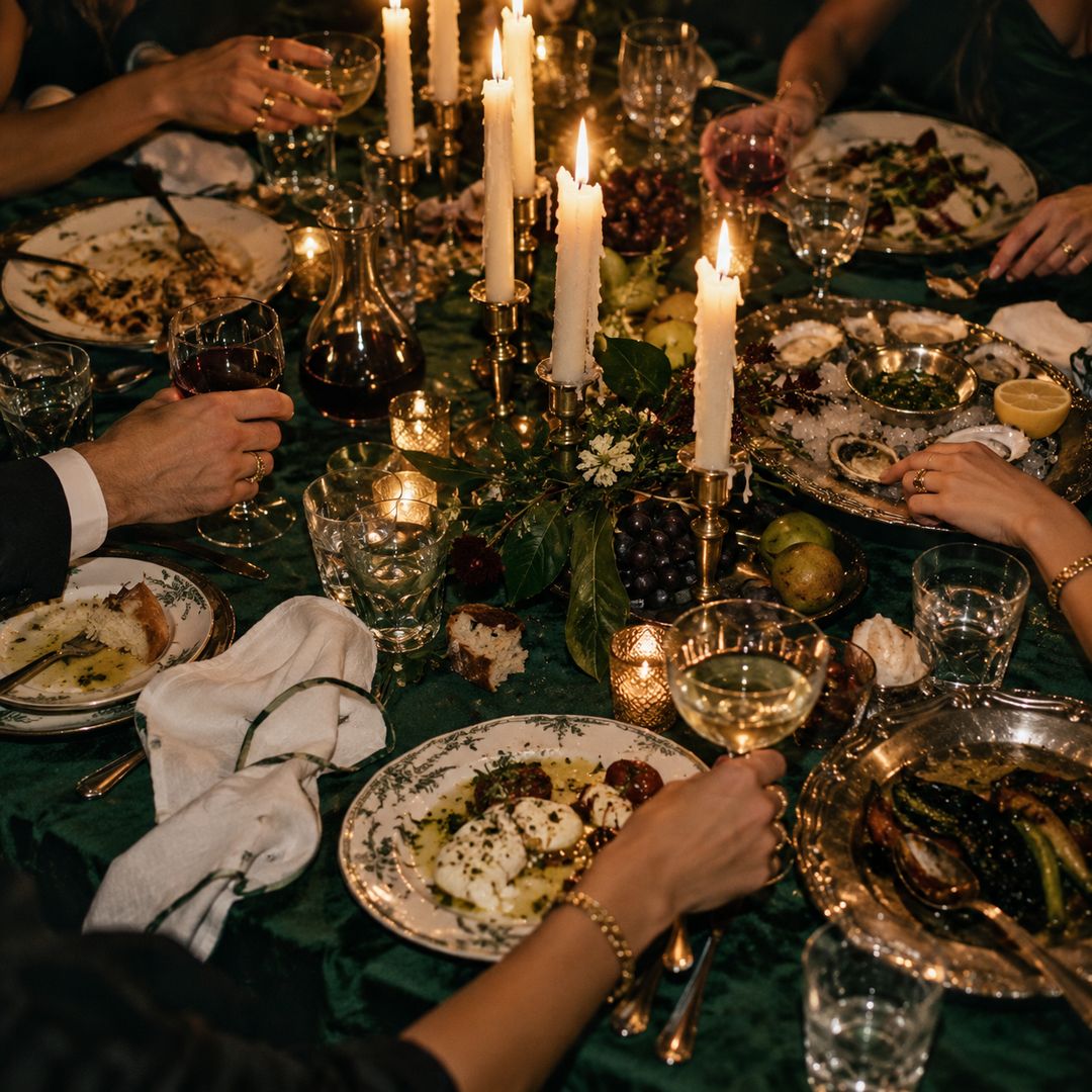 Candlelit dinner table on green velvet