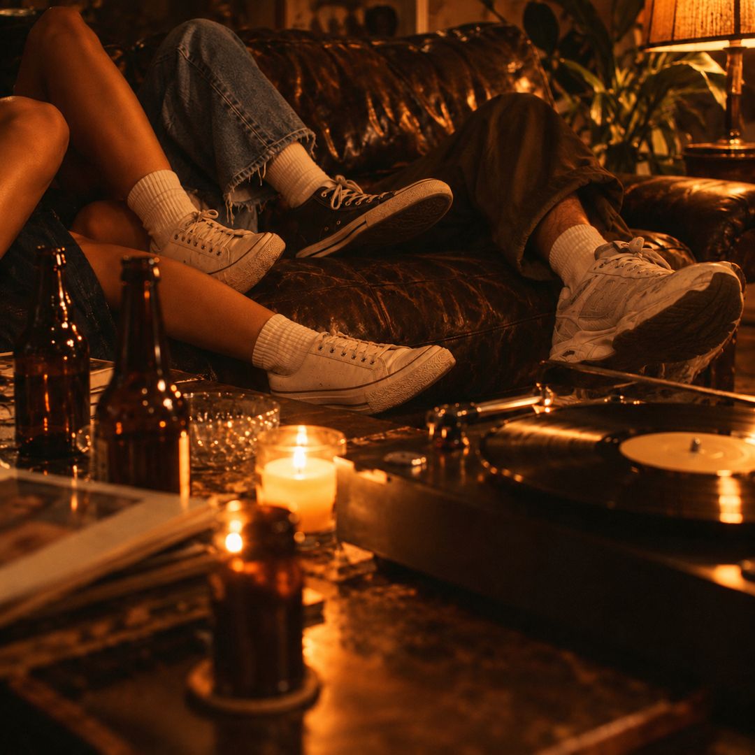 Friends on a leather couch with a record player