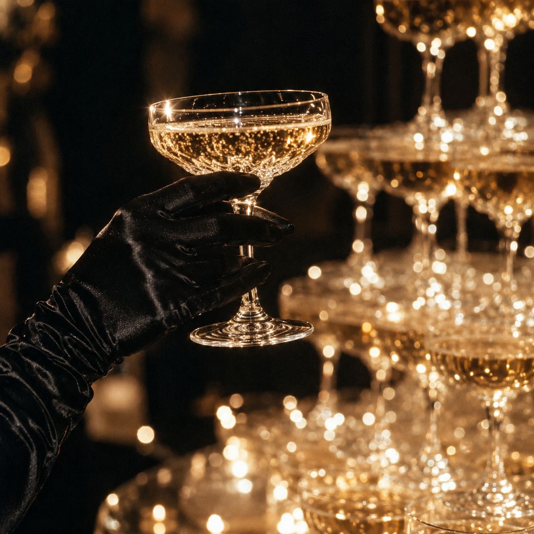 Gloved hand holding a coupe by a champagne tower
